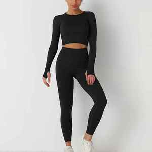 Women Seamless <b>Long</b> Sleeve Crop <b>Top</b> High Waist <b>Leggings</b> 2 Piece Yoga Fitness Set Solid Black - Product Image 1