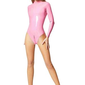 Robe mi-longue rose en PU à manches longues, col en V, dentelle, boutons, taille ajustée, fermeture éclair sur le devant, coupe sexy pour femme - Product Image 3