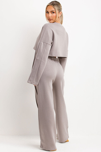 Women Gray 2 Piece <b>Tracksuit</b> Set Crop Top With Full Length Sweatpants Solid Color Casual Loose Fit Drawstring Waist Joggers - Product Image 6