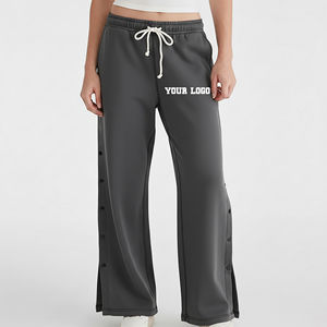 Pantalon de survêtement large et droit en molleton de coton à taille élastique, avec panneaux latéraux à boutons, personnalisable OEM/ODM pour l'hiver - Product Image 4