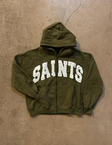 Sudadera con capucha personalizada de algodón grueso marrón con cremallera completa, parche de letras bordado en chenilla, estilo oversize, de felpa, para streetwear - Product Image 6
