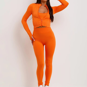 Wholesale Solid Fitness Clothes Gym Wear Women 3-Piece Yoga <b>Jackets</b> <b>Workout</b> Leggings Sports Bras Quick Dry Breathable Sportswear - Product Image 5