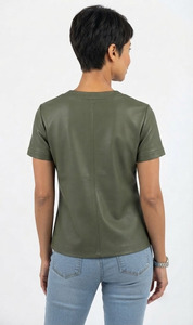 Blusa Elegante Formal de Manga Corta con Cuello en V de Cuero Verde Oliva para Mujer, Camiseta de Moda Premium, Fabricación Personalizada de Verano - Product Image 2
