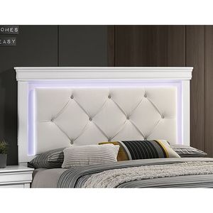 Queen Size Blanc Faux Cuir Tufté Tête de Lit 1pc Texture Unique LED Chambre Meubles En Bois Massif FB Lit - Product Image 3
