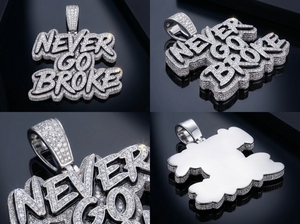 NEVER GO BROKE Colgante de Letra Personalizada de Moissanita VVS1 con Corte Brillante, Plata de Ley 925, Estilo Hip-hop, Amuleto de Alta Visibilidad Unisex - Product Image 3