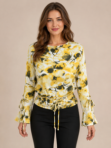 Blusa Corta para Mujer, Color Amarillo Estampado, Mangas Largas Tipo Campana, Cuello Redondo, Cintura Elástica, Estilo Casual para Uso Diario, Venta al Por Mayor - Product Image 1