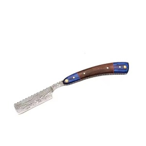 Navaja de afeitar recta de acero de Damasco forjada a mano con funda de cuero, cuchillo de afeitar vintage con mango de madera, navaja de barbero de cuchilla fija - Product Image 2