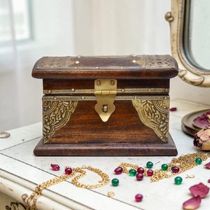 <b>Antique</b> Royal Wooden Jewelry <b>Box</b>, 6 inch — Decorative Keepsake Storage Organizer with Floral Brass Jali Work — Vintage Treasure - Product Image 4