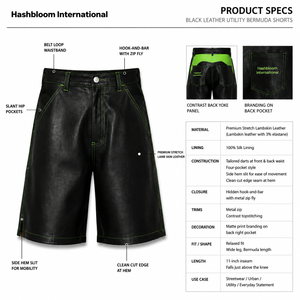 Shorts Bermuda Premium pour Homme en Cuir d'Agneau Plonge Extensible, Taille Mi-Haute, Fermeture Boutonnée, Coupe Large, Couleur Vert Citron, Surpiqûres Contrastantes, Personnalisé - Product Image 5