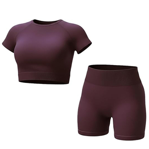 Women Seamless Yoga Set Gym Fitness Wear <b>Crop</b> <b>Top</b> & High Waist Shorts Activewear Workout Set - Product Image 3