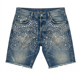 กางเกงยีนส์ขาสั้นผู้ชายประดับคริสตัลหรูหรา สไตล์สตรีทแวร์ลำลอง แบรนด์ Process Impex - Product Image 1