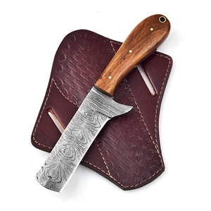 Cuchillo de caza vaquero de acero de Damasco hecho a mano con mango de madera exótica, funda de cuero tipo pancake Bull Cutter, hoja fija, utilitario, OEM - Product Image 1