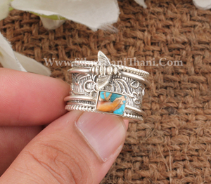 Wholesale Honey Bee Spiny Oyster <b>Turquoise</b> Spinner <b>Ring</b> 925 Sterling Silver Floral Wide Band Meditation <b>Ring</b> for Women Party - Product Image 4