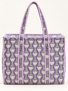 Sac fourre-tout en coton à fleurs bohèmes, poignées rayées, fermeture éclair, grande capacité, design matelassé, mode, utilisation toutes saisons, plage - Product Image 5
