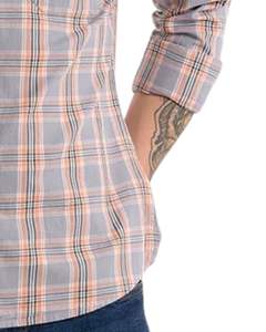 Camisa de algodón a cuadros gris claro y melocotón para hombre, manga larga, con botones, informal, de fábrica OEM, corte personalizado, de primera calidad. - Product Image 6