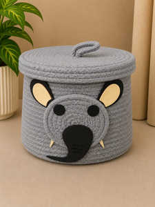 Elephant Motif Grey Woven Cotton <b>Rope</b> <b>Basket</b> with Lid Safari Nursery Toy Bin Soft Baby Hamper Boutique Wholesale Artistry By PR - Product Image 1
