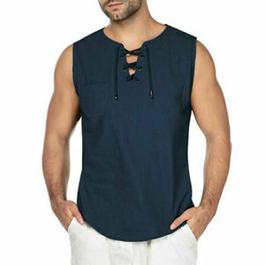 Camisetas sin mangas de lino y algodón de alta calidad para hombre, estilo casual, color liso, con cordones, chaleco sin mangas, nueva moda, color liso. - Product Image 6
