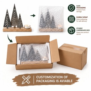 Plateau en bois rustique avec trois sapins de Noël argentés et porte-bougie chauffe-plat, décoration festive pour centre de table de Noël - Product Image 5