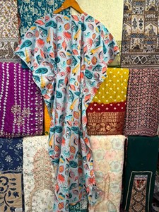 Cotton Casual <b>Kaftan</b> Free <b>Size</b> Luxury Handmade Block Print Eco-Friendly Ankle-Length Feathers Resort Wear for Women Sustainable - Product Image 4