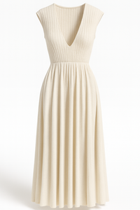 Robe midi côtelée en maille à col en V pour femme, manches courtes, coupe trapèze, vêtements féminins, commande en gros, robe femme grande taille - Product Image 4