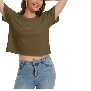 T-shirt décontracté pour femme, vert olive, coupe courte, manches courtes, col rond, coupe ample, 100% coton jersey tricoté, couleur unie - Product Image 2