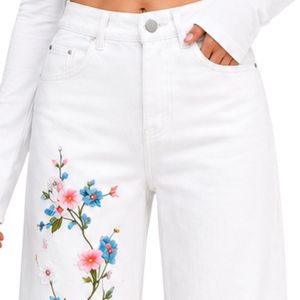 Jeans de Pierna Ancha con Bordado Floral Blanco para Mujer, Pantalones de Mezclilla de Cintura Alta, Corte Holgado, Ropa Casual Urbana, Personalizable OEM ODM - Product Image 5
