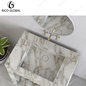 Meuble-lavabo de salle de bain moderne en marbre avec vasque carrée en pierre, miroir sans cadre inclus, finition polie, design sur pied - Product Image 2