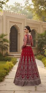 Lehenga Choli Rouge Brodé, Robe de Mariage Traditionnelle pour Femme, Longueur au Sol, Tenue de Mariée Indienne et Pakistanaise en Soie, Collection 2026 - Product Image 3