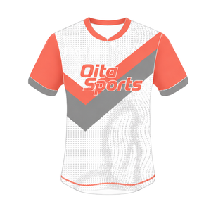 Maillot de rugby à manches courtes col rond, motif graphique, orange corail, blanc, gris, pour performance athlétique, tenue de sport d'équipe, entraînement et match de rugby - Product Image 1