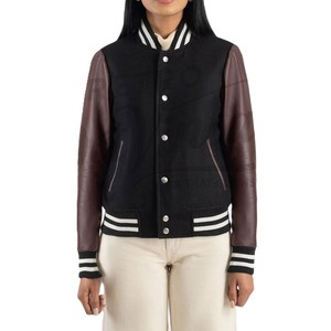 Women Varsity Letterman <b>Jacket</b> Black Wool Body with Brown Real <b>Leather</b> Sleeves Slim Fit Premium Classic Baseball Casual College - Product Image 1