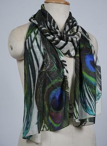 Écharpe à imprimé plumes de paon pour femme, légère, transparente, longue, élégante, accessoire doux pour le cou, usage quotidien - Product Image 2