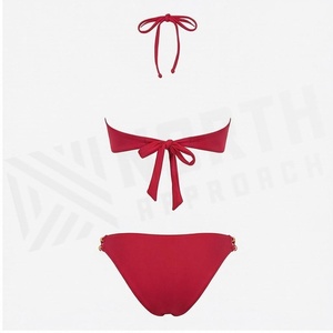 Ensemble de bikini bandeau rouge pour femme avec décoration de perles, bas de maillot de bain extensible - Product Image 2