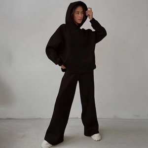 Women Tracksuit <b>Set</b> Hooded <b>Sweater</b> Wide Leg Pants Solid Color Casual Loose Fit Full Sleeve Autumn Wear 100 Cotton - Product Image 5