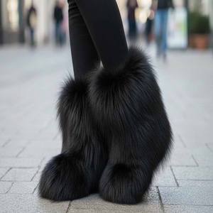 Bottes de neige en cuir pour femmes et unisexe avec fourrure de renard véritable, semelle intermédiaire en caoutchouc confortable, bout rond, bottes de randonnée - Toutes les tailles USA/UE - Product Image 1