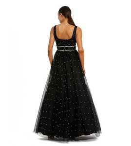 Robe de soirée noire anti-plis en mousseline de soie, col montant, ornée de perles, coupe sirène, traîne chapelle, longueur ras du sol - Product Image 5