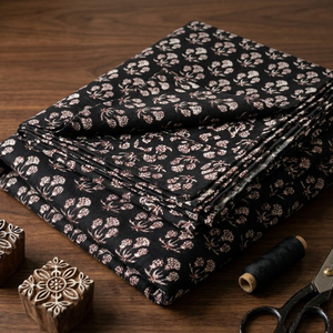 Tela de Algodón Negra con Estampado Floral, Tela Suave Hecha a Mano con Estampado de Bloques para Confección de Kurtis, Manualidades y Uso Textil del Hogar - Product Image 5