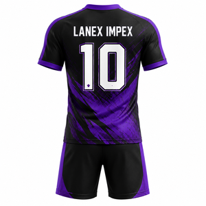 Conjunto de Uniforme de Fútbol Sublimado Personalizado con Camiseta, Pantalones Cortos y Calcetines, Color Negro y Morado, Cuello en V, Ropa Deportiva de Equipo con Nombre y Número - Product Image 3