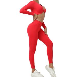 Conjunto de mallas de gimnasio de levantamiento de cadera de cintura alta para mujer, traje de Yoga de entrenamiento de manga larga, patrón sólido, pantalones deportivos sin costuras para Fitness - Product Image 3