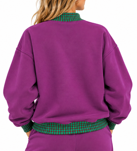 <b>Women's</b> Purple <b>Christmas</b> <b>Sweatshirt</b> Green Plaid Noel Applique Drop Shoulder Crew Neck Pullover - Product Image 3