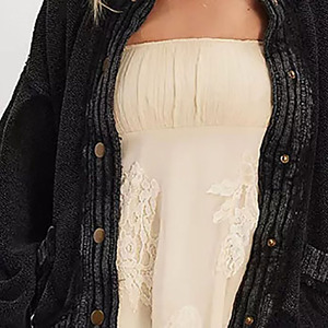 Cardigan tricoté noir pour femme, manches ballon, boutonné, couleur unie, manches longues, décontracté, automne, vente en gros - Product Image 3