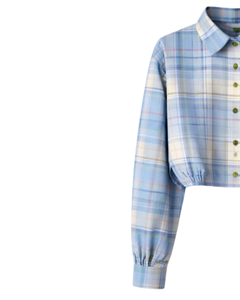 Chemisier court personnalisé à carreaux bleus pour femme, col rabattu, manches longues, boutonné, style décontracté, fabricant OEM - Product Image 3