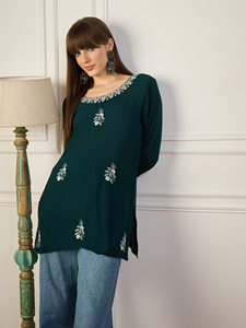 Women's Dark Green Viscose Kurta with Embroidered Neck and Floral Details Loose Fit Midi Length Casual Indian Ethnic Wear - Product Image 2