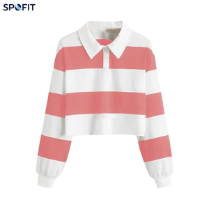 Women's Cropped Rugby Shirt Custom Embroidery Oversize Dropped Shoulder Breathable <b>Red</b> White Contrast Stripes for Polo Formal - Product Image 1