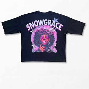 Snowgrace Printed Black T-Shirt Men's Oversized Fit Short Sleeve High Street O-Neck 100% Cotton Jersey Tee - Product Image 1