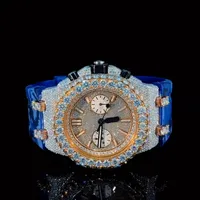 Montre de luxe pour homme en moissanite à taille ronde complète, montre de créateur entièrement pavée, cadran à aiguilles, montre en diamant avec bracelet en caoutchouc