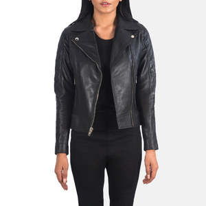 Chaqueta de Cuero Genuino Negra para Mujer, Estilo Motero, con Mangas Acolchadas, Cierre Asimétrico, Impermeable y Resistente al Viento, para Otoño e Invierno - Product Image 2