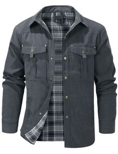 <b>Men's</b> Western Flannel Lined <b>Jacket</b> Plaid Shirt Layered <b>Long</b> Sleeve Casual Outerwear for Autumn - Product Image 1
