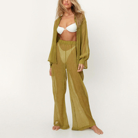 Ensemble 2 pièces sexy pour femme 2026, vert olive, en coton uni, haut ample à manches longues et pantalon large, respirant et écologique