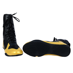 Black and Gold Leather Boxing Boots Lace-Up Breathable High Top Kickboxing <b>Shoes</b> for Adults Martial Arts Training - Product Image 5