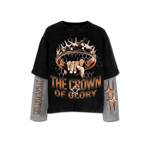Premium 240 cotton double layer distressed <b>grunge</b> black long sleeve graphic screen print custom logo <b>shirt</b> Double Layer Style - Product Image 6